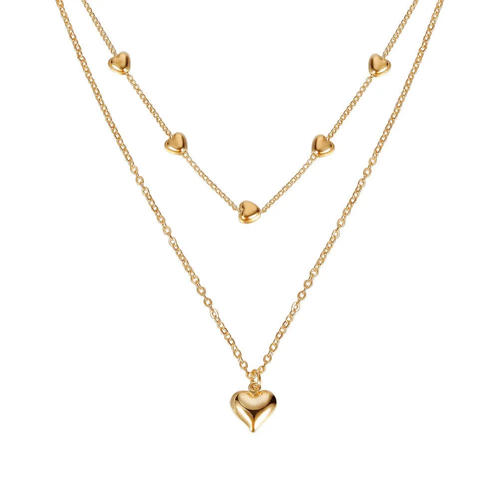 Double-layer gold tone alloy heart pendant curb chain necklace on woman, 51-80cm adjustable length