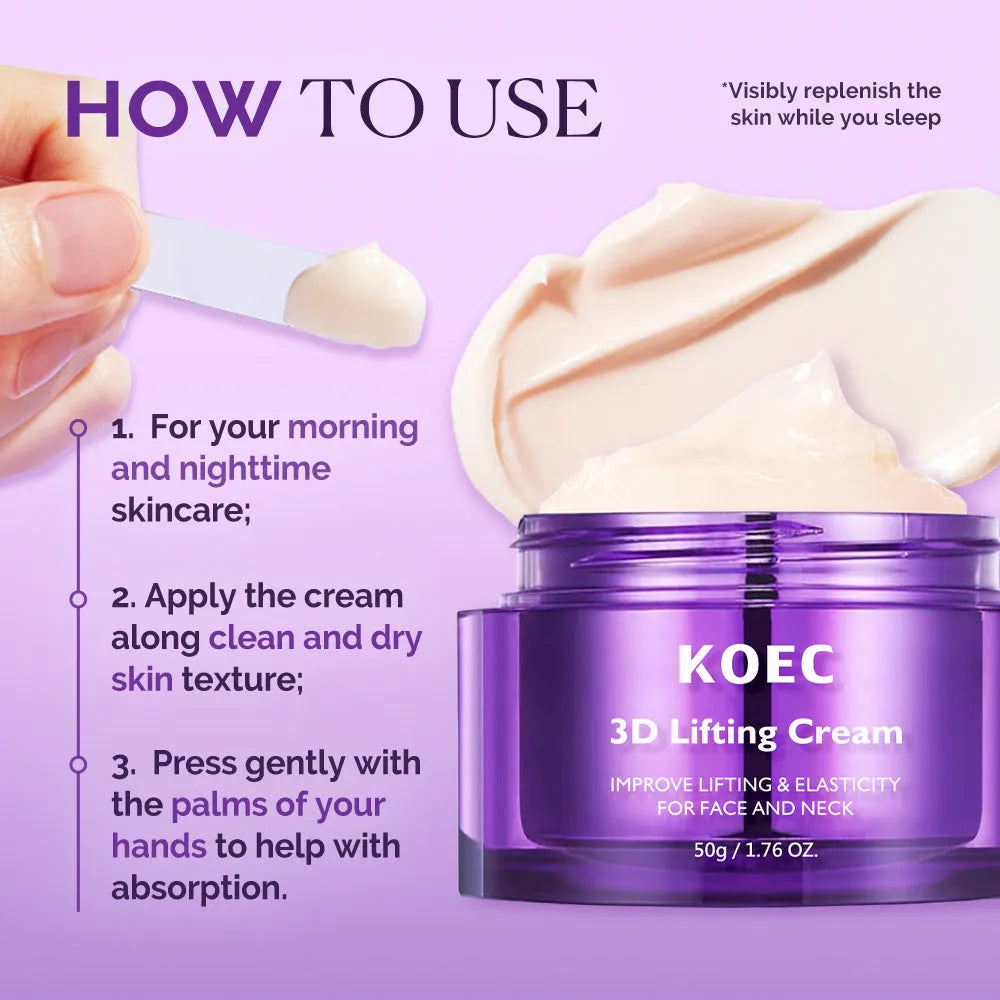 KOEC 3D Lifting Cream 50g moisturiser in white tub for firming and hydrating face and neck skin