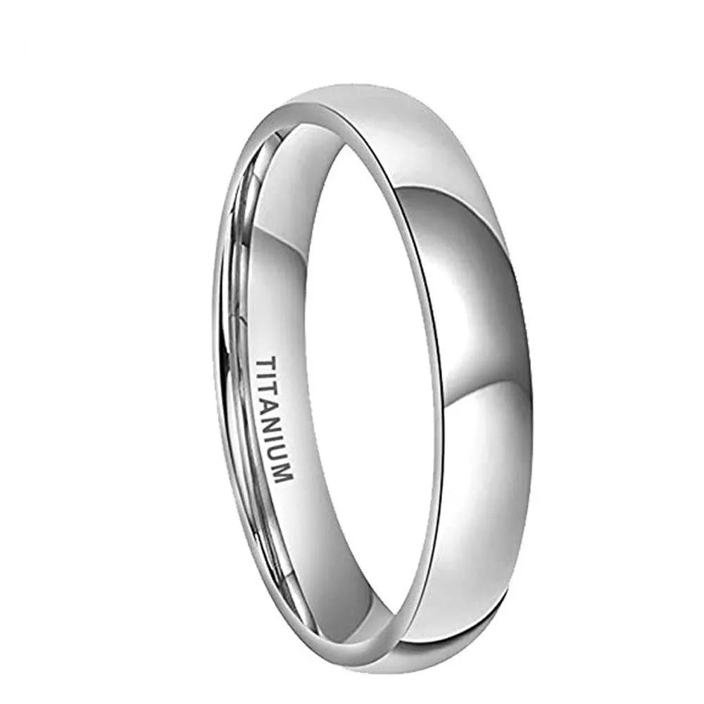 Silver titanium steel band ring shown in different widths on a hand.