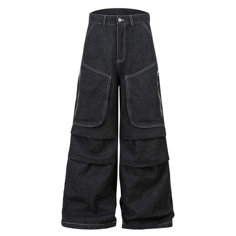 Black pleated work trousers with multiple pockets in cotton denim fabric