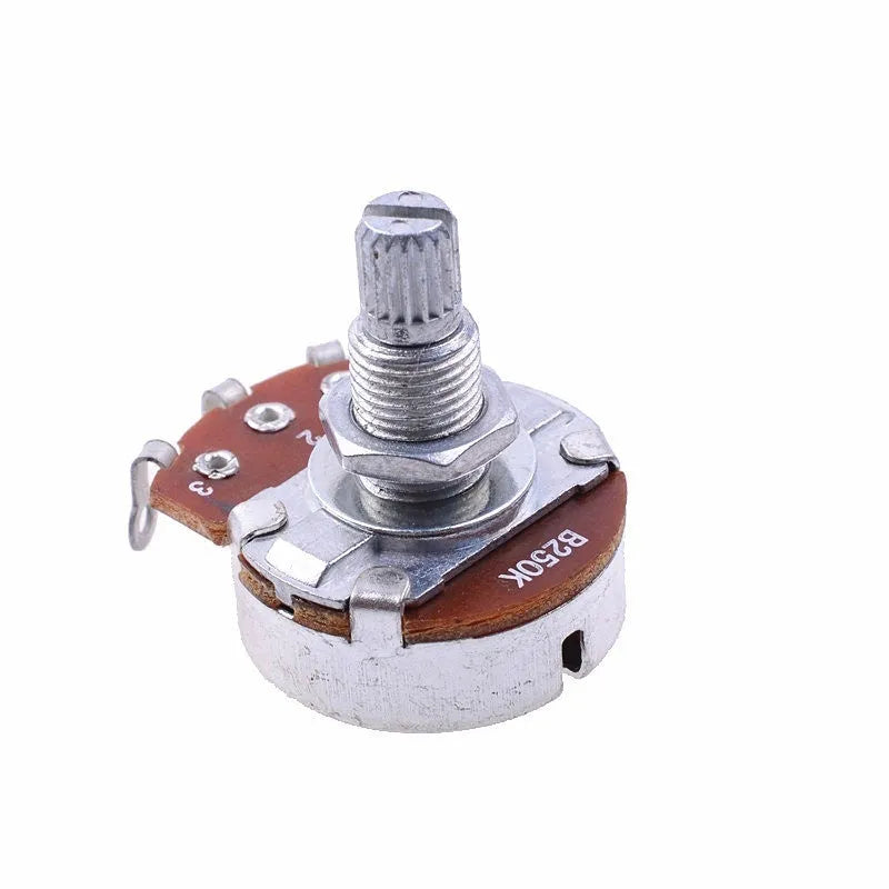 A single metal electric guitar control knob for potentiometers, shown with selection options for 250K or 500K resistance for tone or volume.