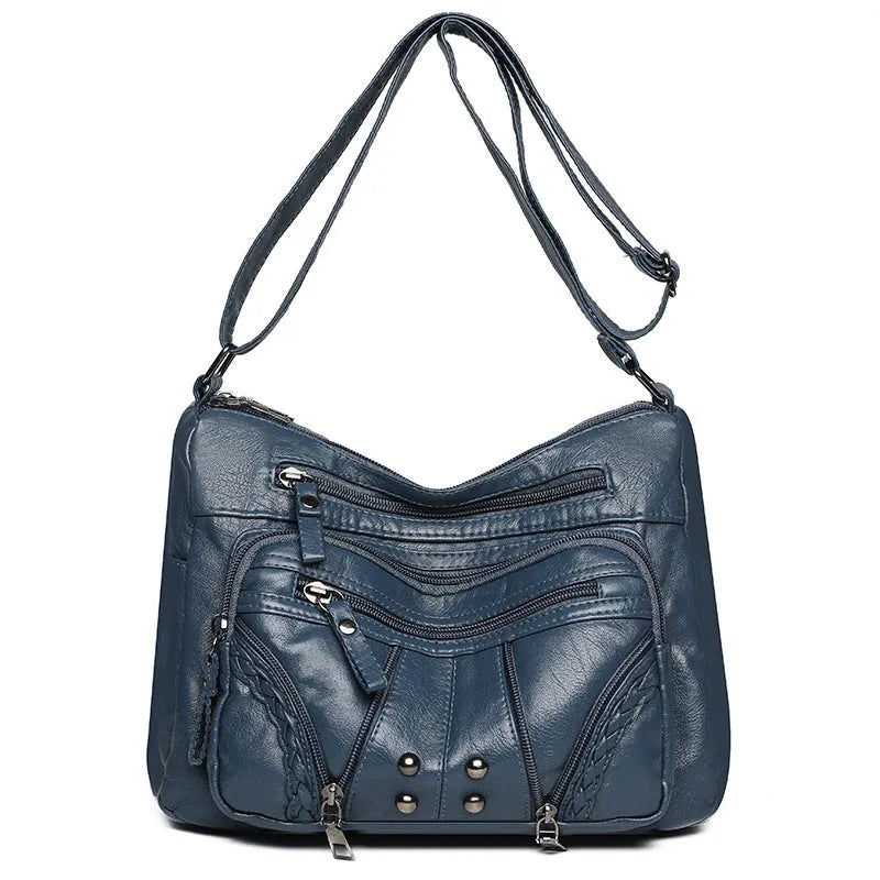 Large capacity women's PU shoulder bag in horizontal square shape with sandwich pocket, available in beige, black, blue, brown and red