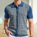 Men's summer Tencel short sleeve jacquard cardigan with lapel collar and geometric flocking pattern in black