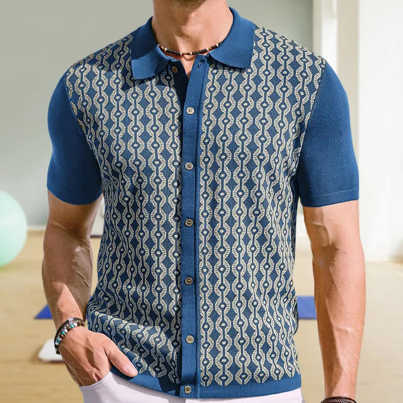 Men's summer Tencel short sleeve jacquard cardigan with lapel collar and geometric flocking pattern in black