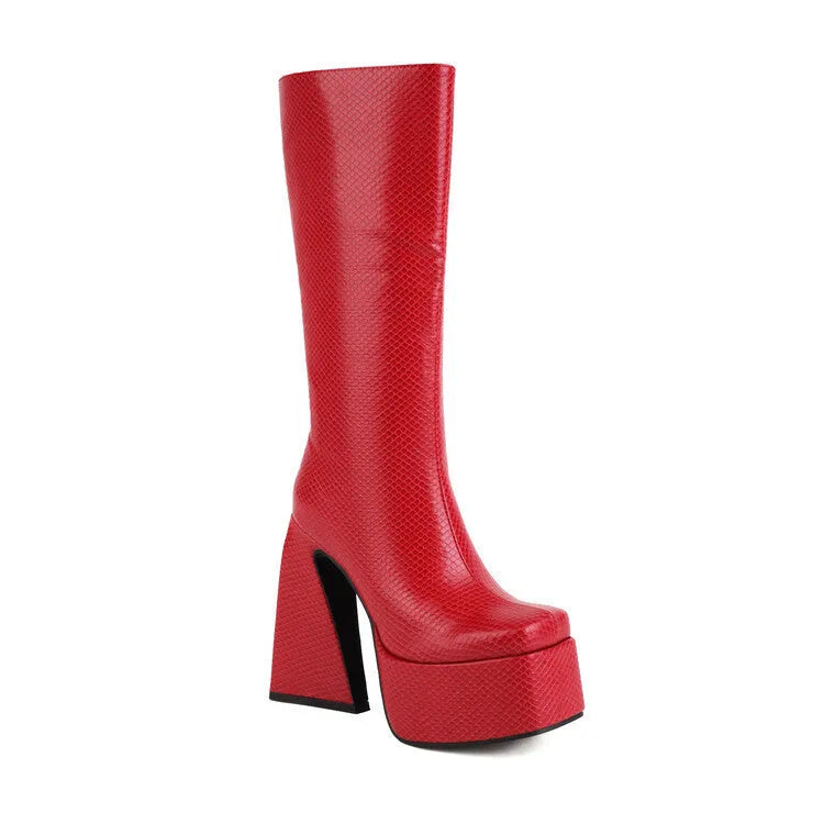 Women's black casual high boots with a PU leather upper, shown alongside red, blue, and white colour options.