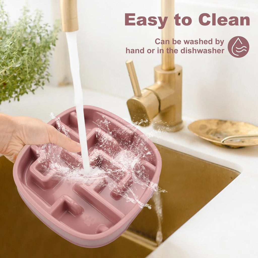 Square macaron-coloured slow feeder bowl with maze pattern for dogs and cats.