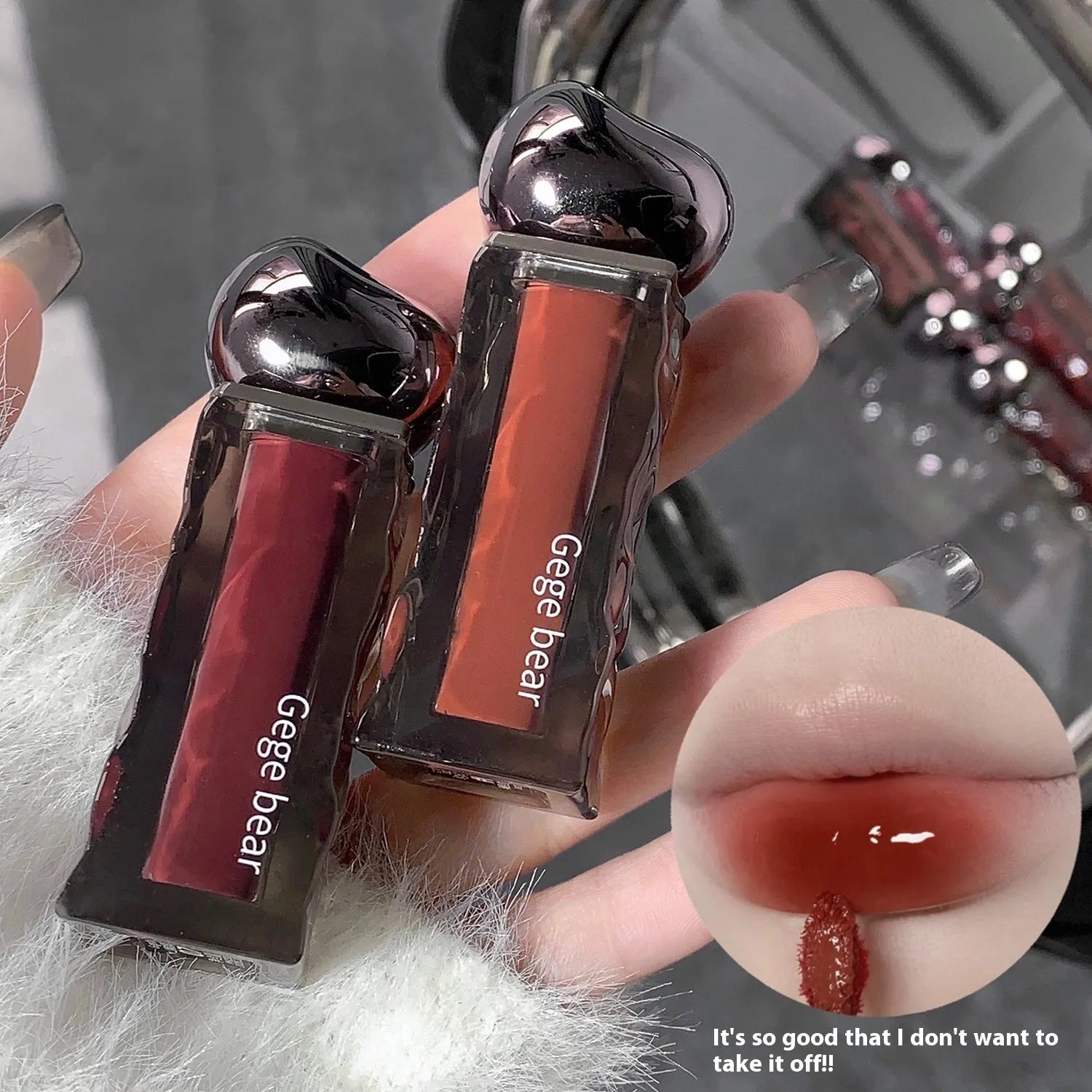 Glacier Lava Lip Lacquer in water-light texture with mirror finish across seven colour numbers