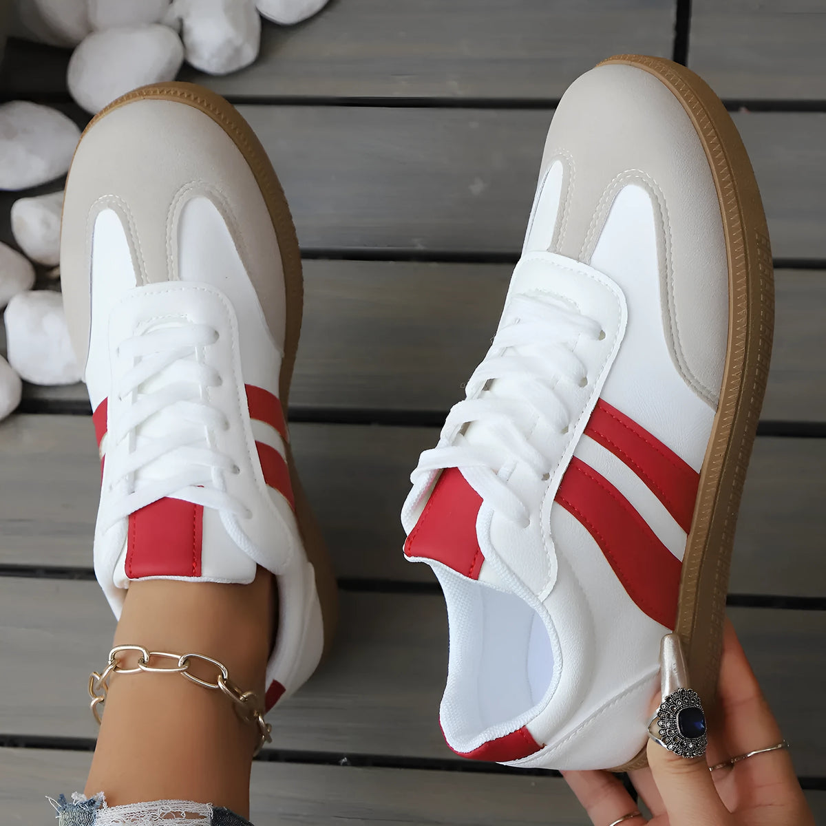 Women's lightweight casual sneakers in red and white, flat heel, round toe, sizes 36-42