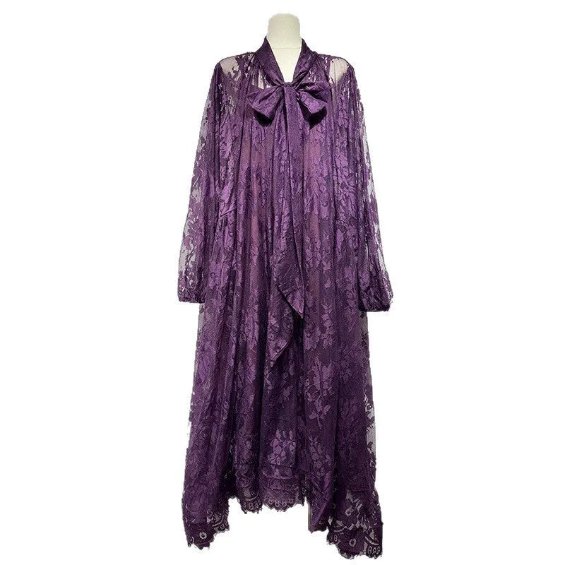 Hollow jacquard lace see-through ribbon A-line long dress with lantern sleeves, polyester, brown apricot purple