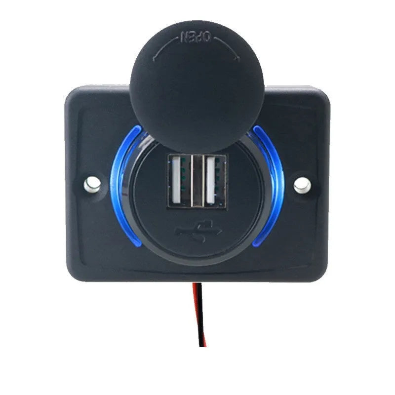 Black car USB charger with two ports for vehicle installation and mobile device charging
