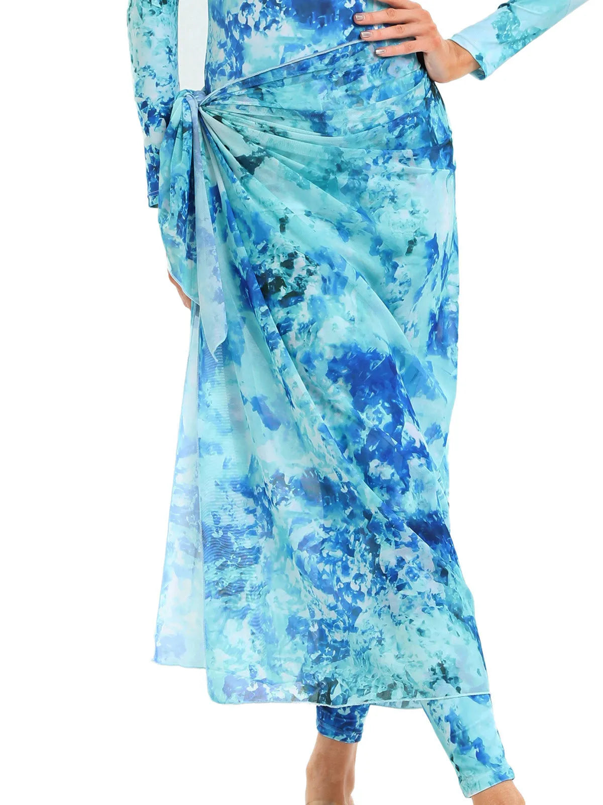 Conservative women's three-piece swimsuit set with apron in a fresh print, shown in Sapphire blue.