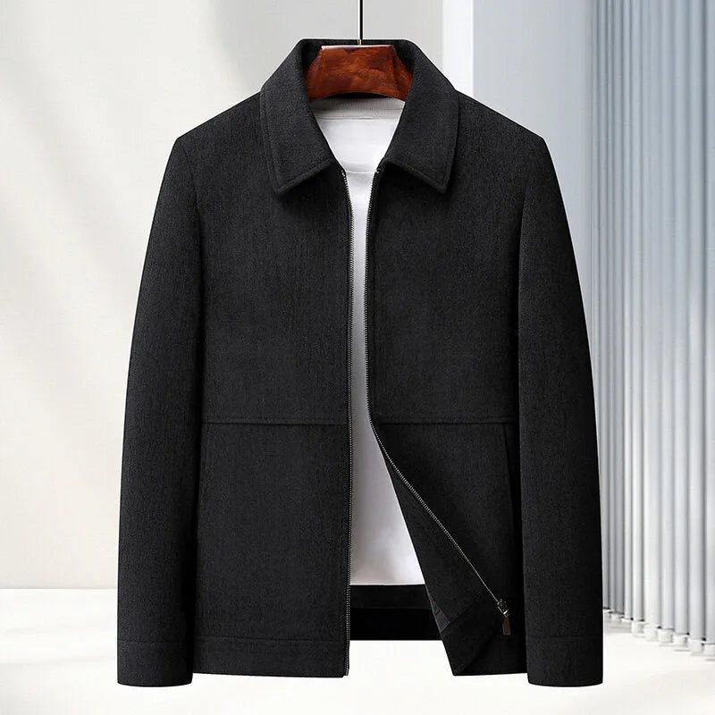 Men's slim fit lapel casual coat in dark blue, shown on a model.