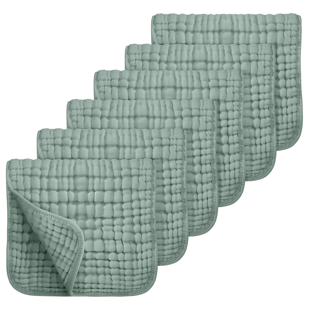 Set of six large muslin burp cloths 25x50cm in assorted colours on white background