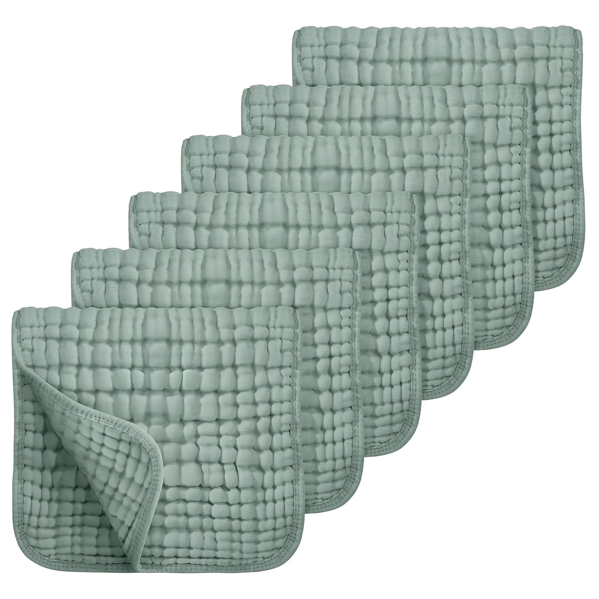 Set of six large muslin burp cloths 25x50cm in assorted colours on white background