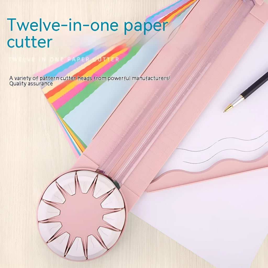 Pink plastic desktop paper cutting machine with a rotary blade for 12 different decorative edge patterns.