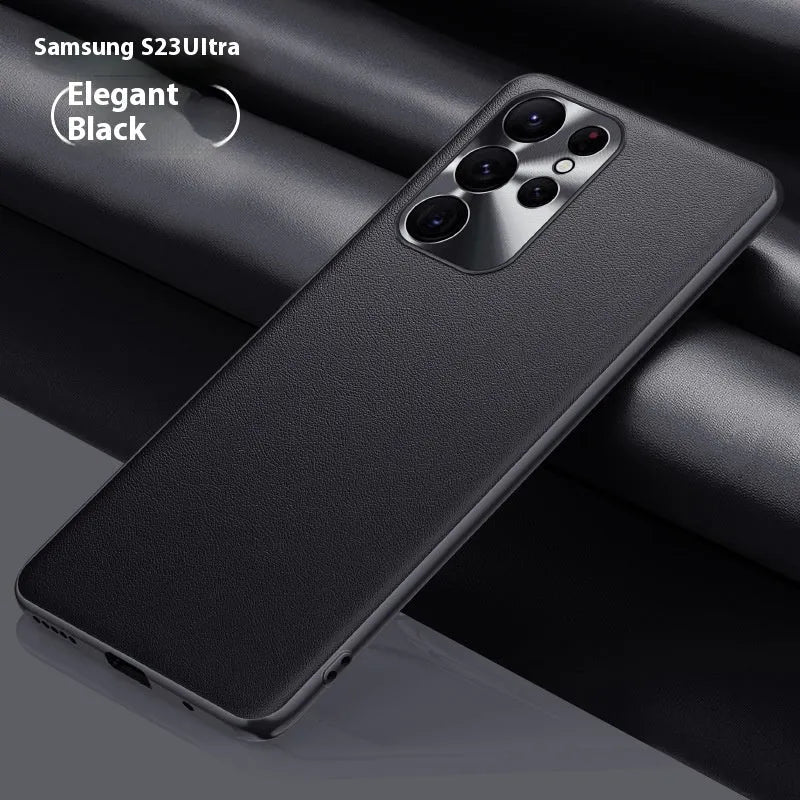 Leather pattern Samsung phone case with metal lens ring in Athens Black, shockproof back cover