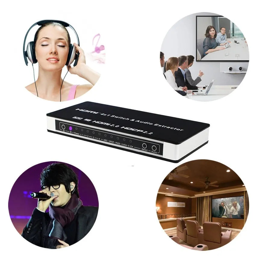 Black HDMI audio separation switch with four inputs and one output, remote control, and UK power adapter