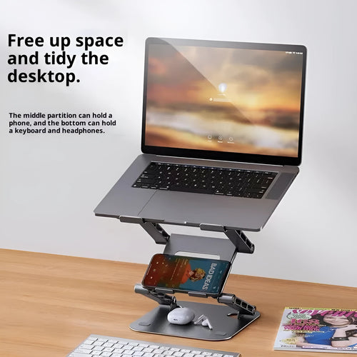 Three-layer elevated laptop stand in Bright Moon Silver on a desk with a laptop below 15.6 inches