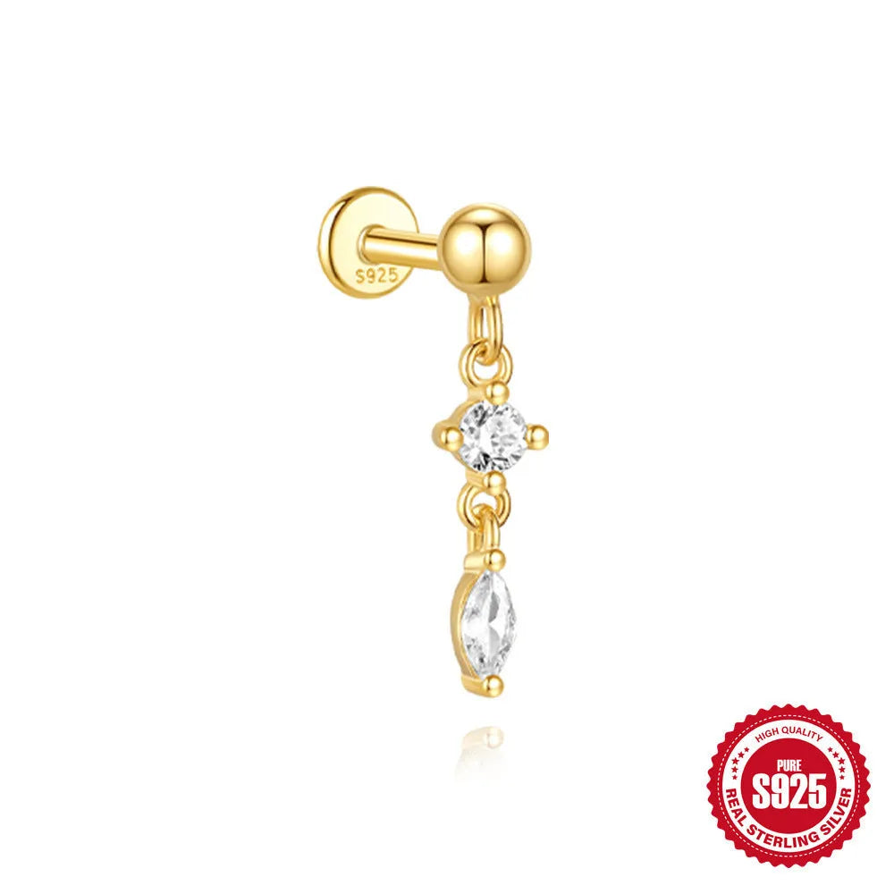 Geometric water drop shaped S925 sterling silver earrings with a flat spiral puncture back, in a gold electroplated finish.