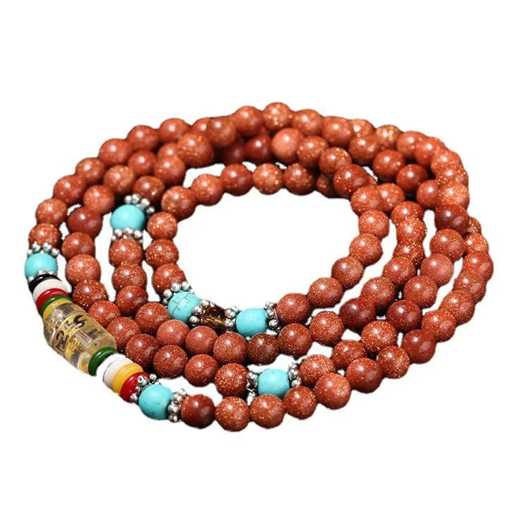 Golden star stone mantra bracelet with 108 pieces, multi-circle design and fu character detailing