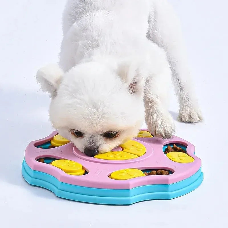 Blue dog puzzle feeder bowl with interactive game elements for slowing down fast-eating dogs