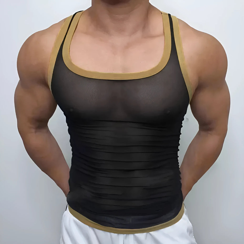 Men's white polyester mesh fitness vest with straight hem design for sports training