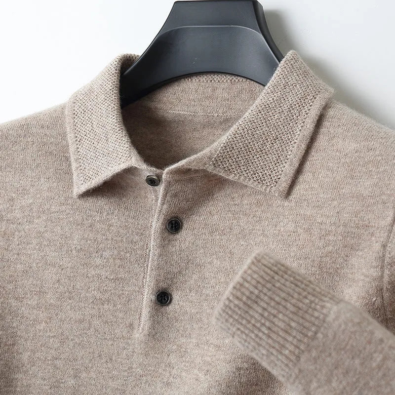 Men's woolen pullover sweater with a polo collar, shown in one of seven available colours.