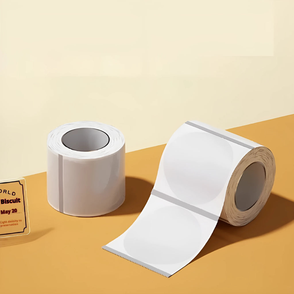 Transparent waterproof self-adhesive labels in multiple rectangular and round sizes on a roll.