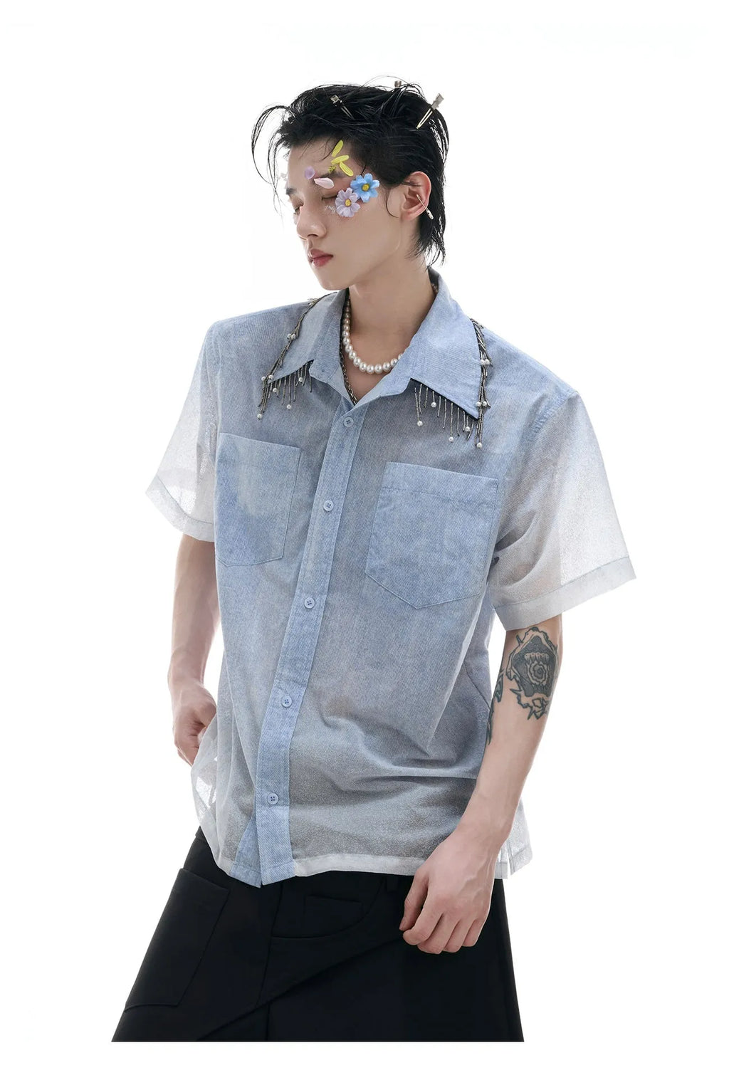 Men's loose fit blue and white gradient short sleeve shirt on hanger