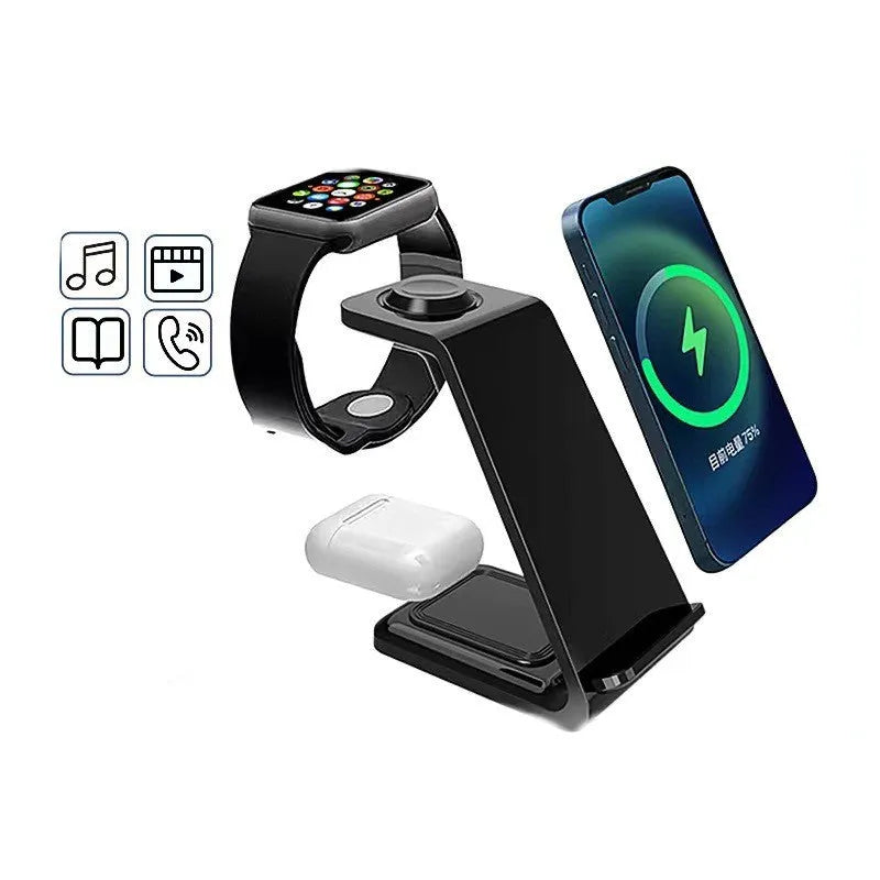 White 3-in-1 wireless charging stand holding a mobile phone, smartwatch, and earbuds on a wooden desk.