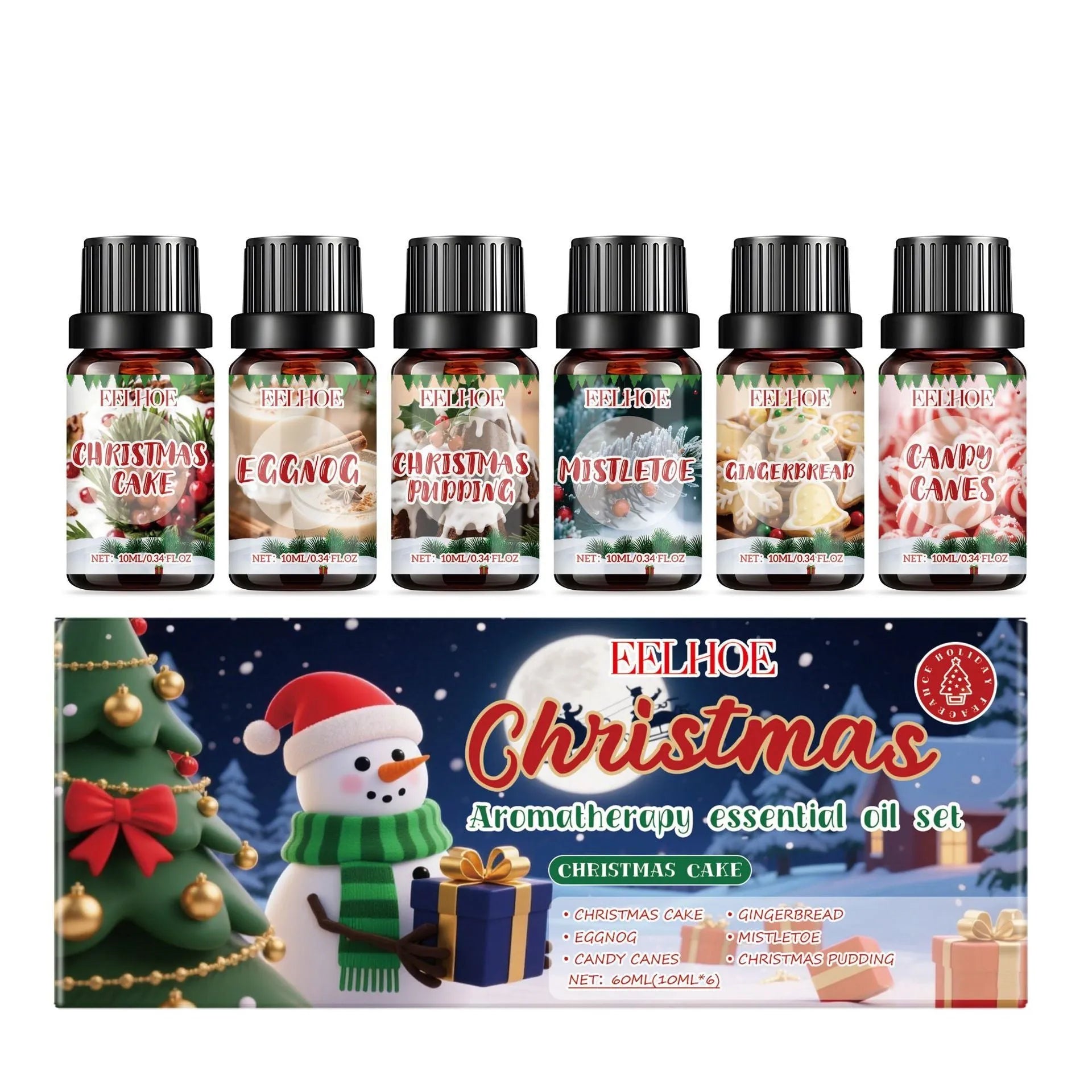 Box containing six small glass bottles of Christmas-themed aromatherapy oils.