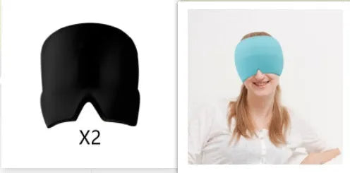 Black elastic cloth gel ice headache relief eye mask showing adjustable headband and cooling gel construction