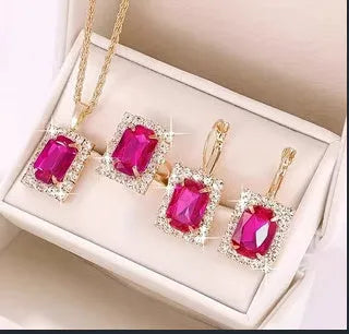 Women's alloy crystal square three-piece jewellery set with necklace, earrings, and ring