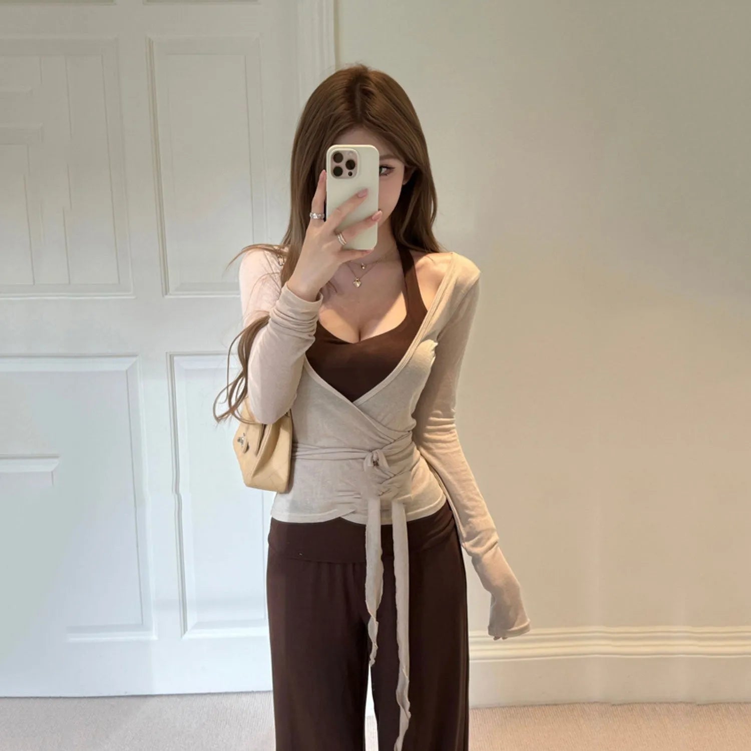 Ladies' brown polyester three-piece set with long-sleeve cardigan, camisole, and wide-leg pants
