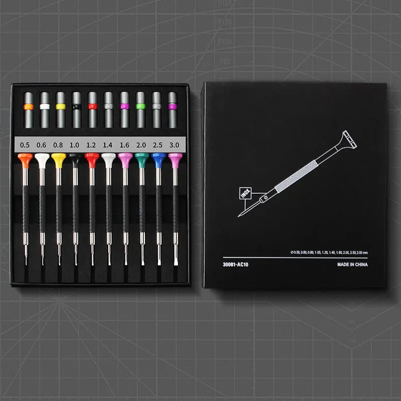 Boxed set of 10 manual screwdrivers and spare bits for watch and glasses repair.
