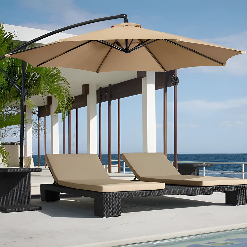 Outdoor manual long handle rainproof sun umbrella in beige, 2.7m diameter with 8-bone frame
