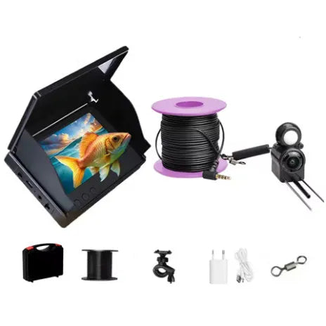 HD underwater fishing camera with screen, temperature sensor, and night vision lights on a cable.