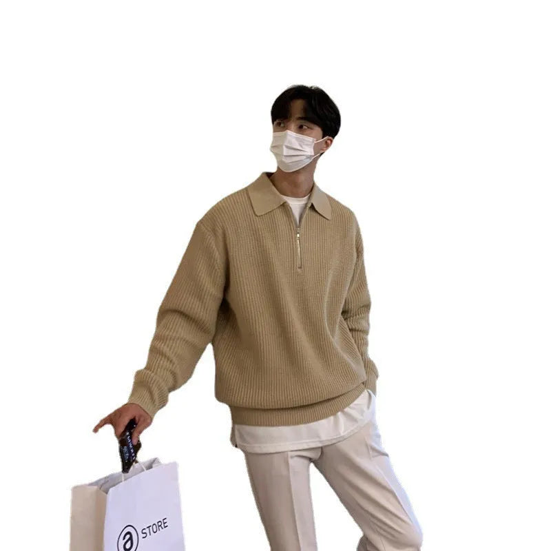 Men's lapel sweater winter pullover loose knitwear light business casual in khaki