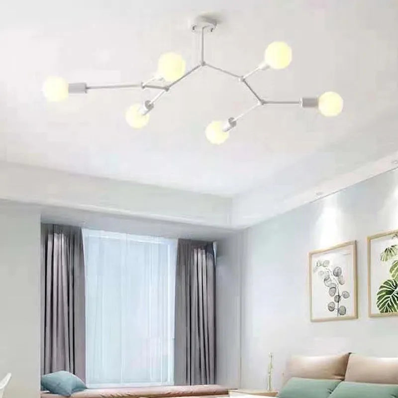 Nordic-style black iron ceiling chandelier with six extended arms against a white background