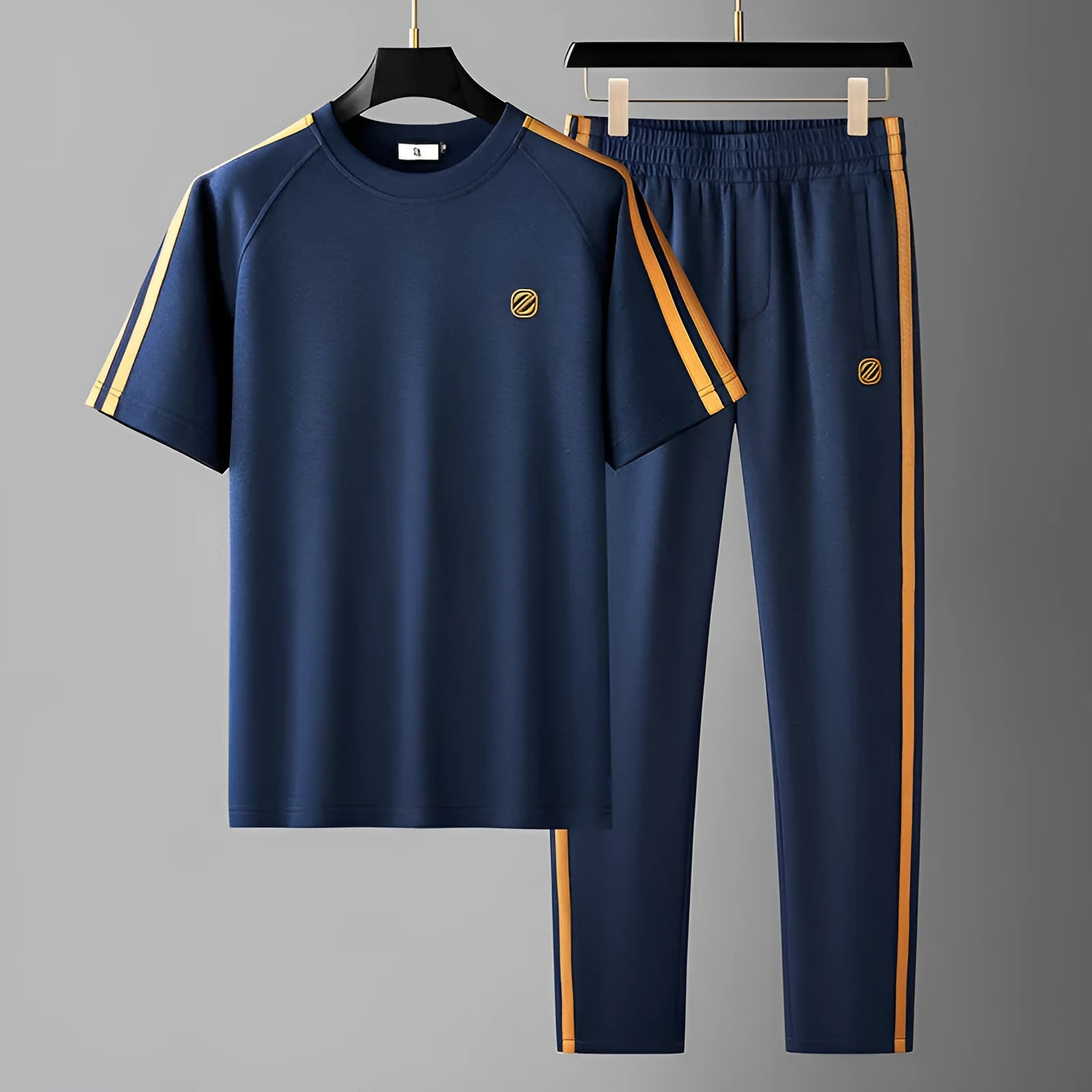 Men's blue polyester sports suit set with short sleeves showing top and pants