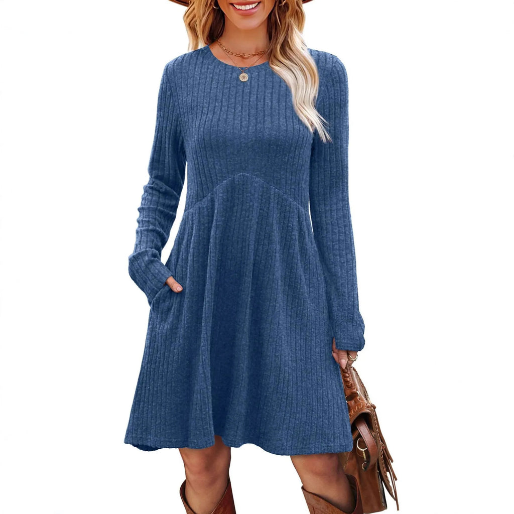 Women's bohemian brushed sunken stripe solid colour princess mid dress with wide waist, seven colours available