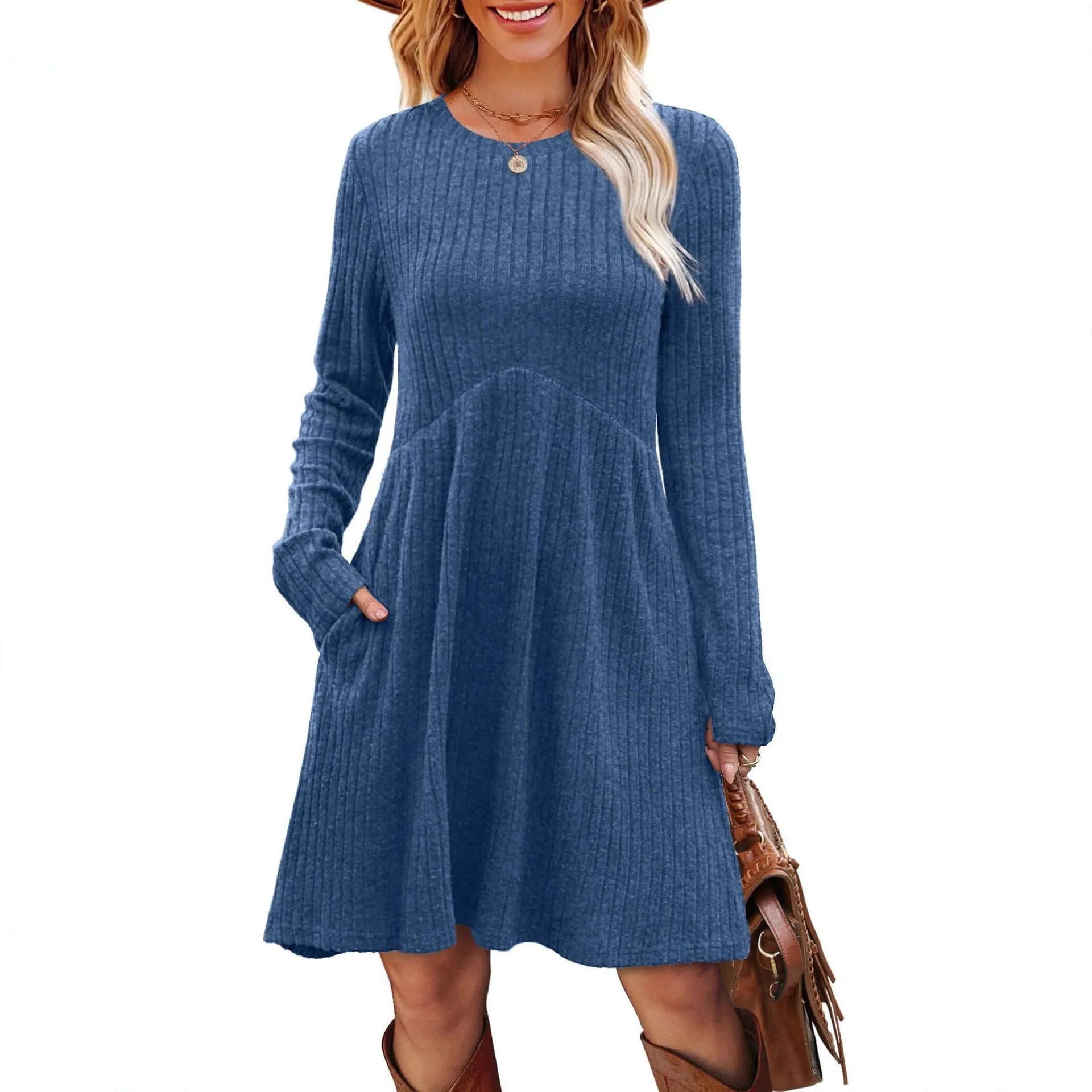 Women's bohemian brushed sunken stripe solid colour princess mid dress with wide waist, seven colours available