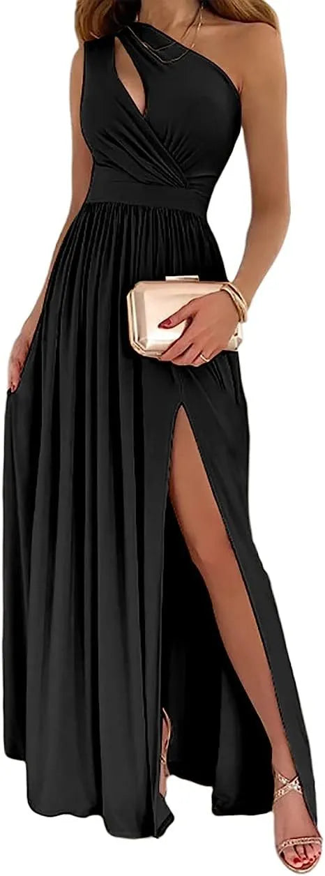 Women's one-shoulder cocktail maxi dress with high side split and sleeveless cutout in soft fabric