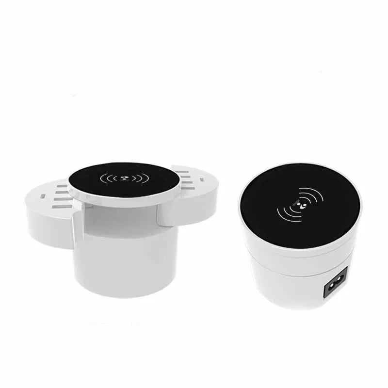 Ceramic white circular wireless charger with USB port and international plug adapters