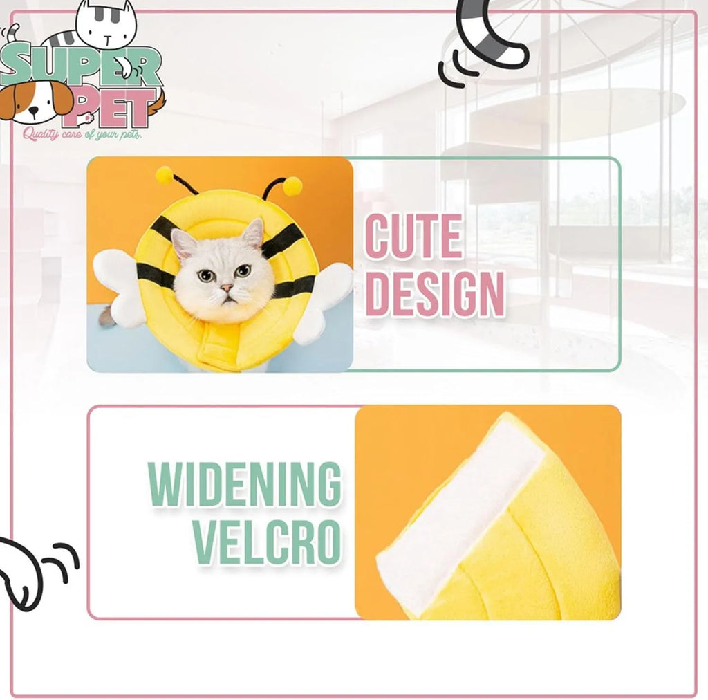 Soft cat cone collar with cute bee design showing Velcro closure and adjustable sizing