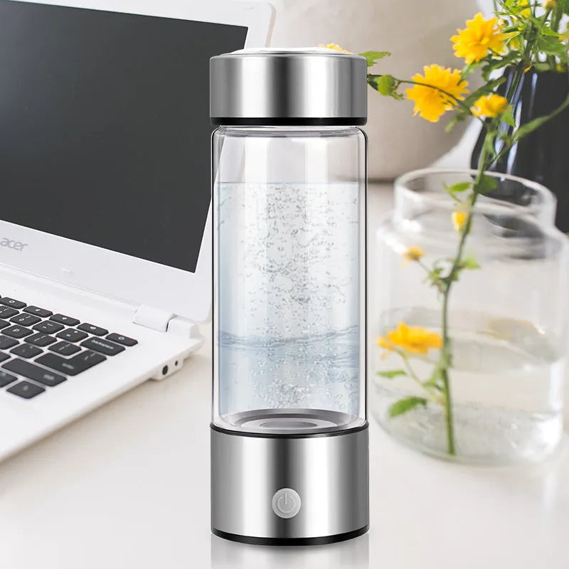 Rechargeable hydrogen water bottle generator in black with borosilicate glass and 401-500ml capacity