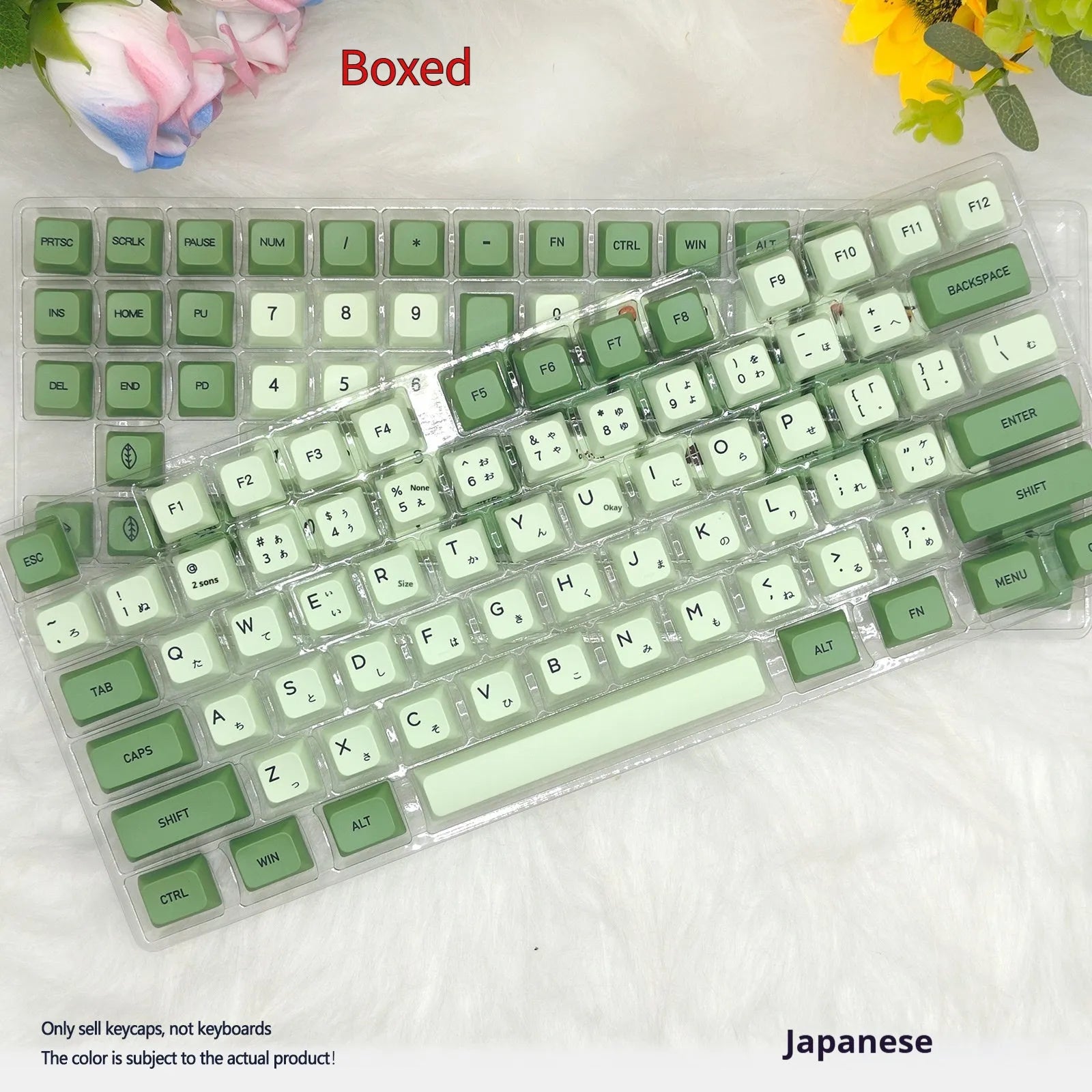 Matcha coloured PBT keycap set with 124 keys showing multiple language legend options