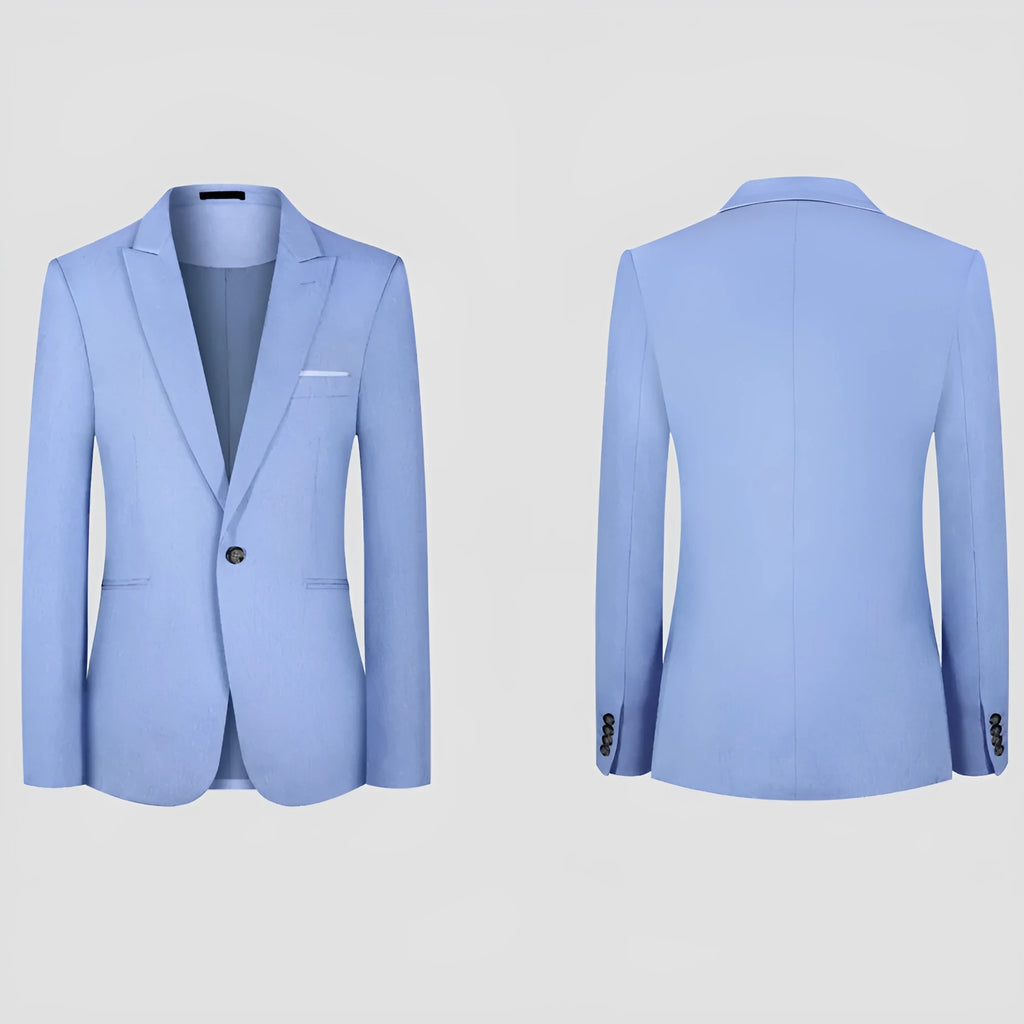 Men's light blue casual suit jacket with a Western-style cut on a hanger.