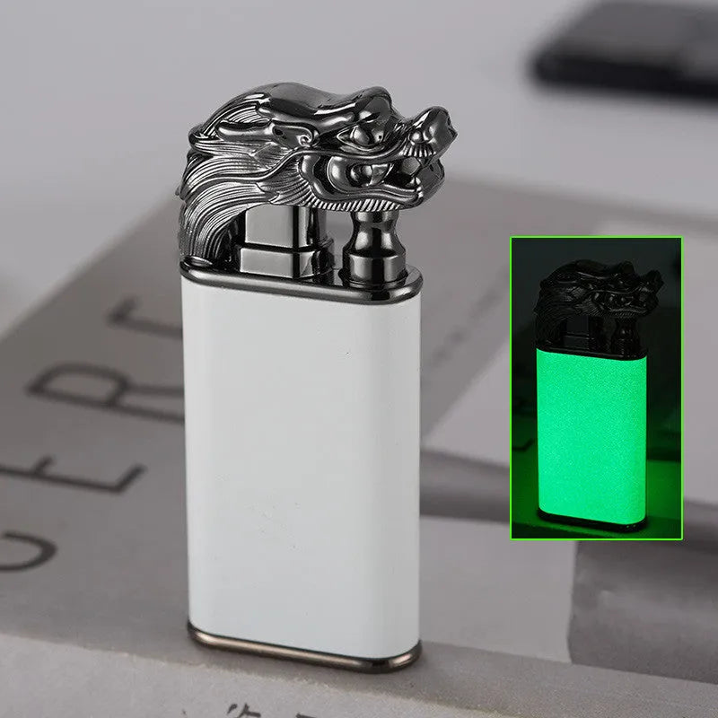 Creative blue flame lighter with windproof double fire and novelty dragon design, metal body