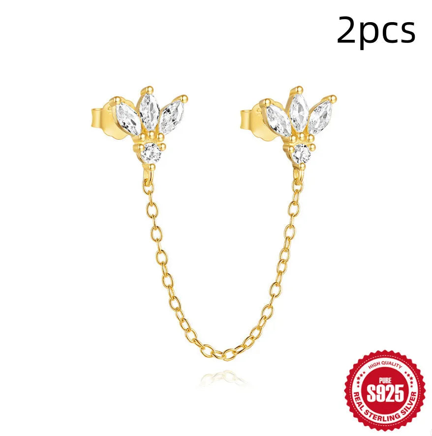 Sterling silver chain stud earrings with zircon inlay in geometric shapes including clover and crown designs